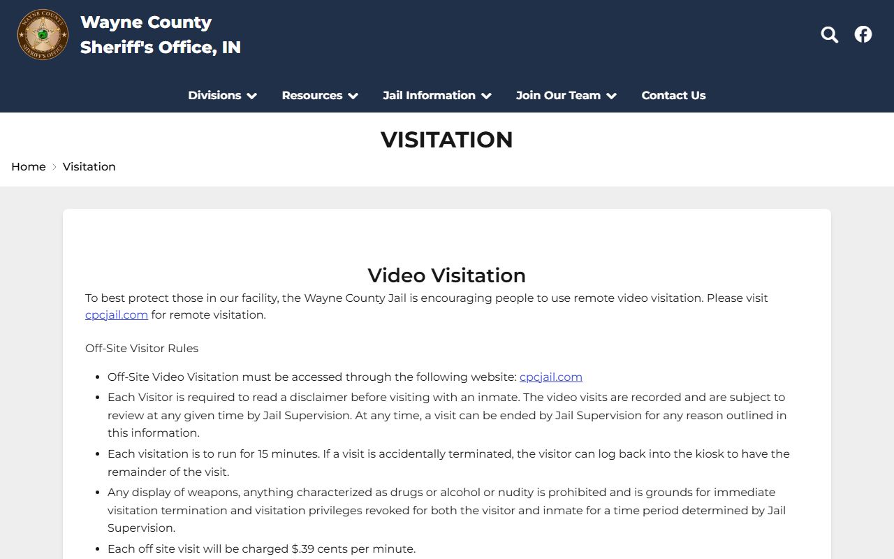 Wayne County Jail inmate visitation schedule and rules